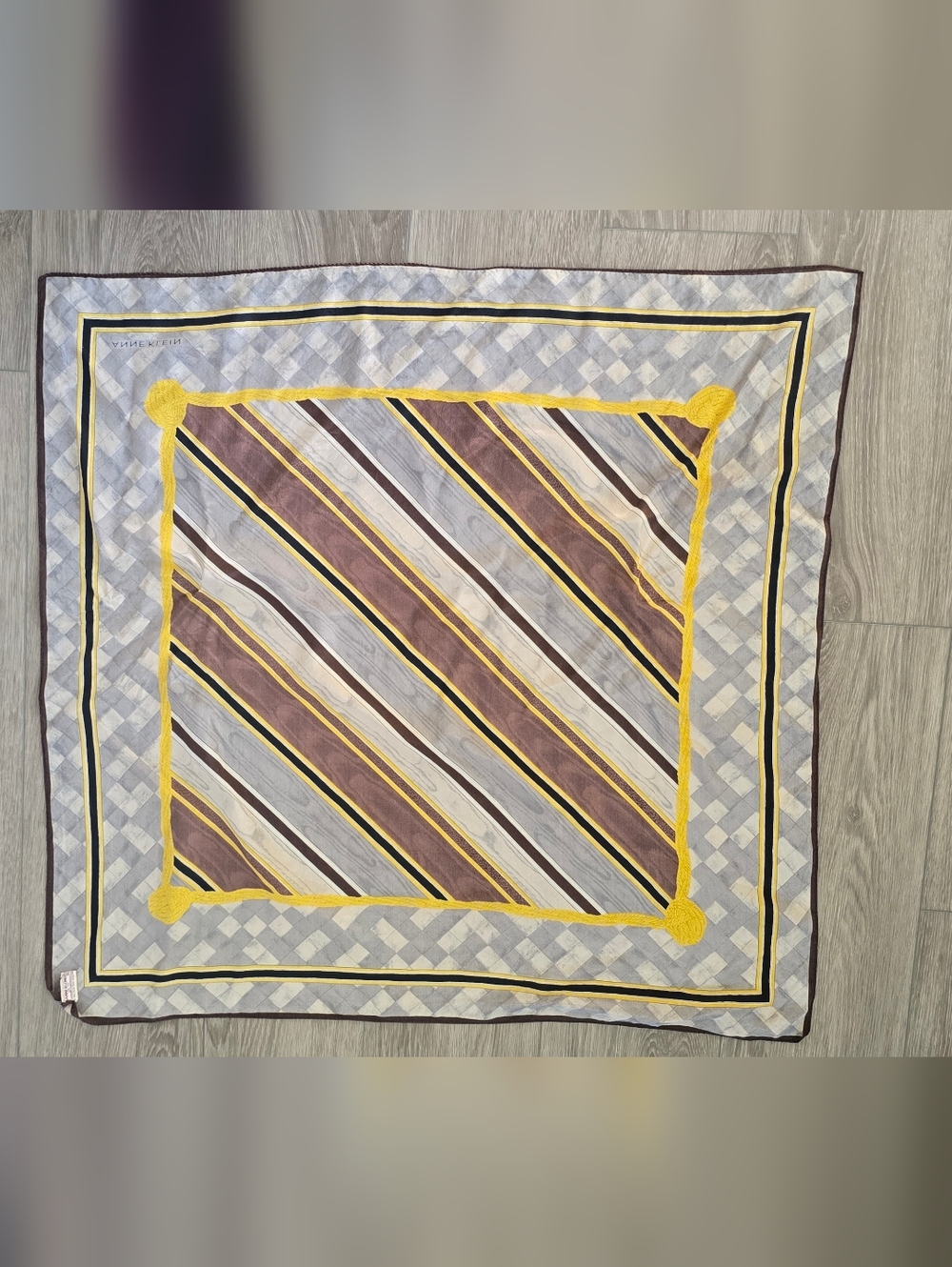 Silk Anne Klein for Vera Scarf Large 31" Vintage Gray Yellow Geometric MCM Retro